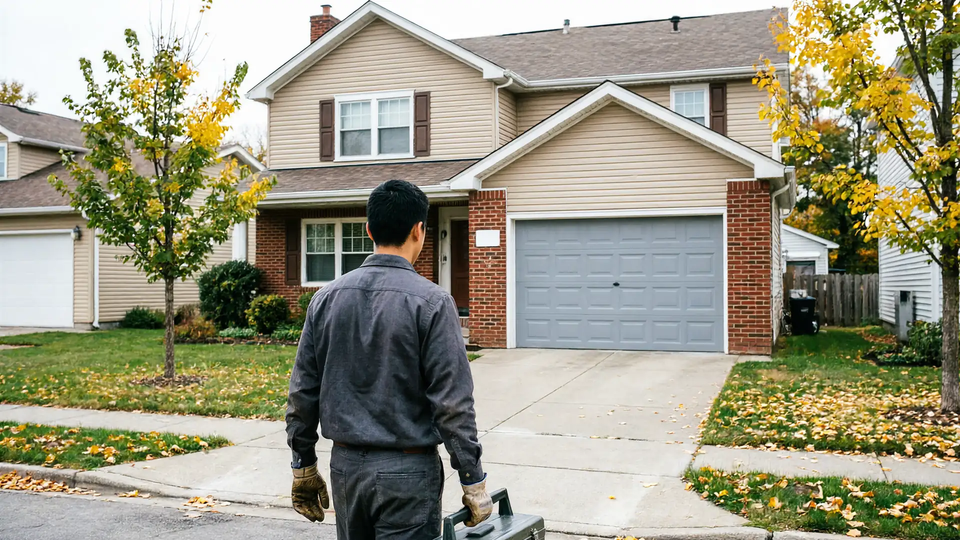 A technician carrying a toolbox walks toward a house with a gray garage door.