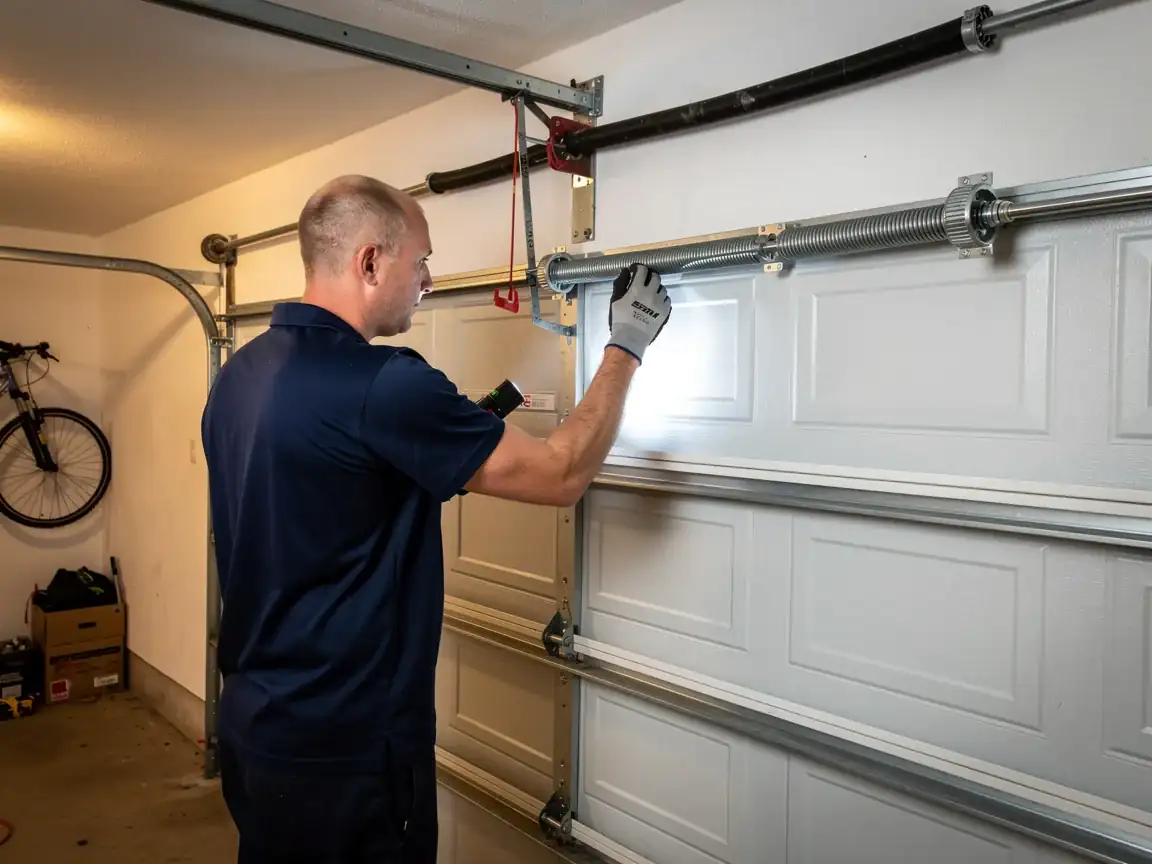 A technician shines a flashlight on a garage door torsion spring.