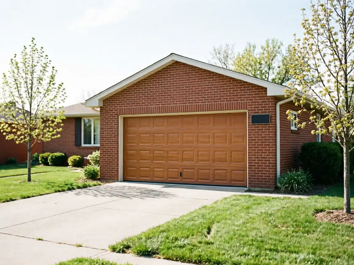A brown paneled garage door is on a red brick house with a green lawn.