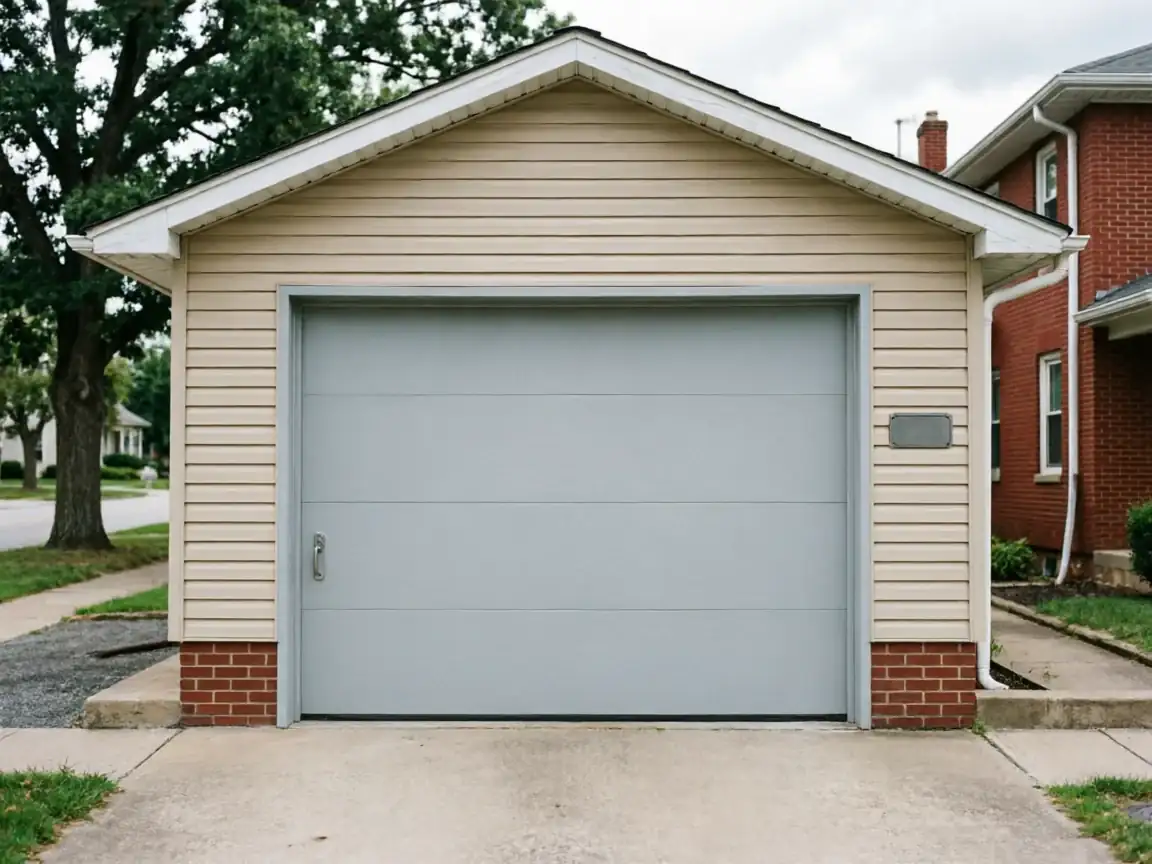 A light gray garage door is on a detached garage with tan siding and brick.
