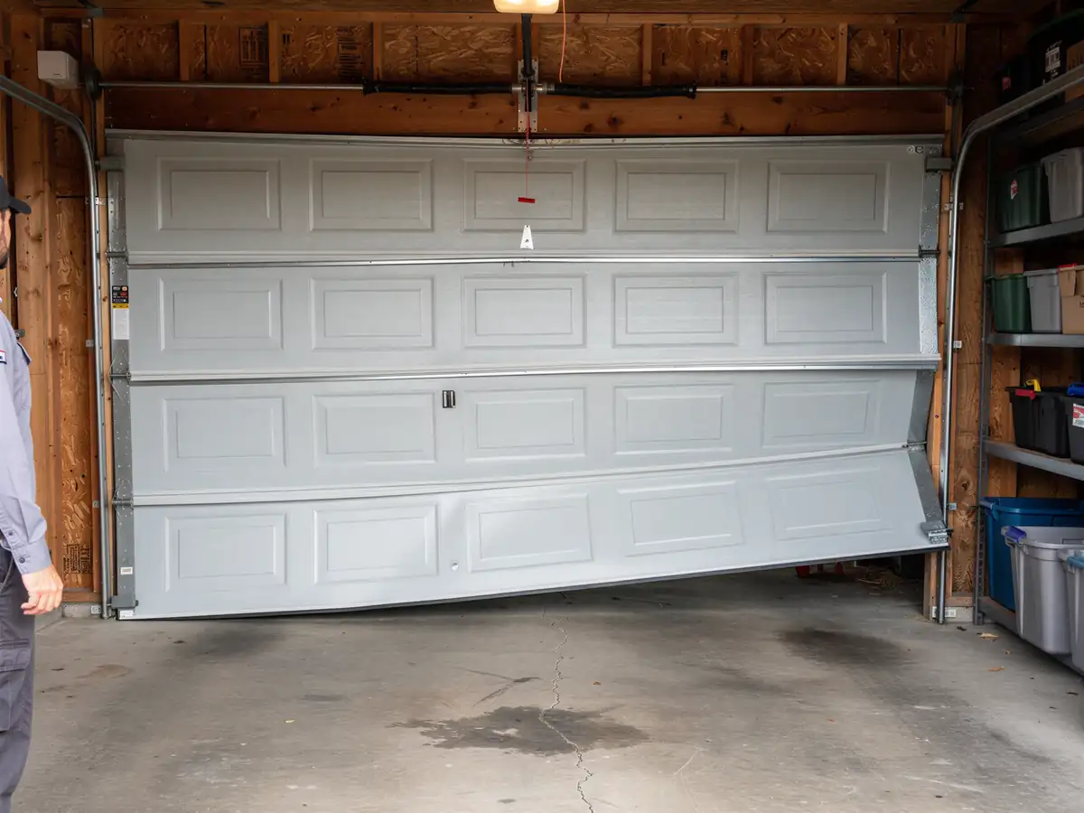 The gray garage door is bent and partially off its tracks, with a technician visible on the left.